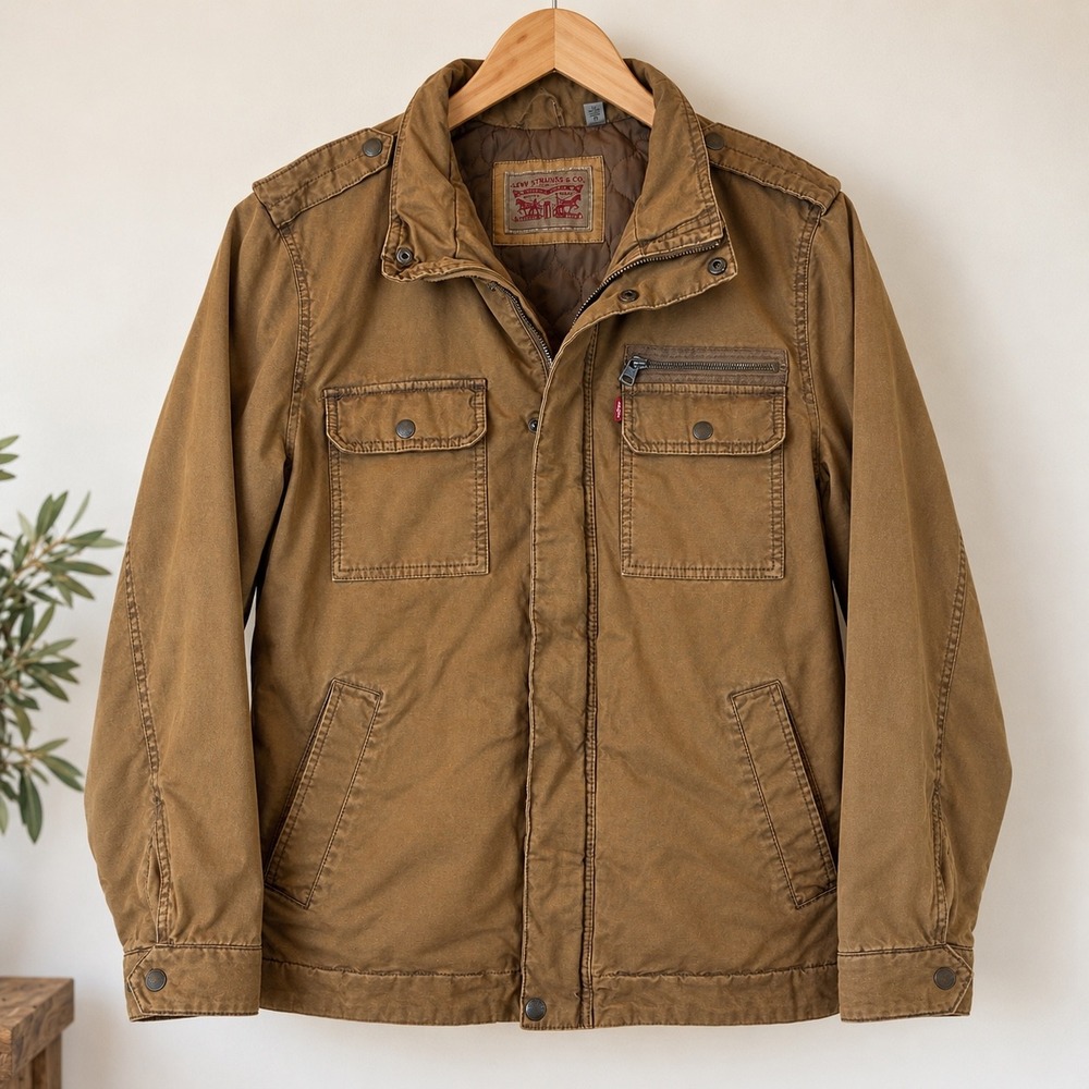 Levis Mens Brown Cotton Canvas Military Field Jacket Quilted Lining Large